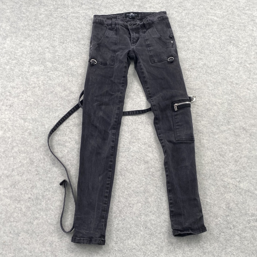 Royal Bones Strap Skinny Jeans Juniors 5 (26x29) Charcoal Zip Cargo Goth Punk